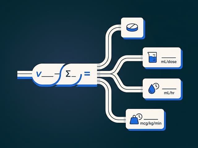 A single central equation strip with four labeled paths branching out to tablet, mL/dose, mL/hr, and mcg/kg/min answer tiles