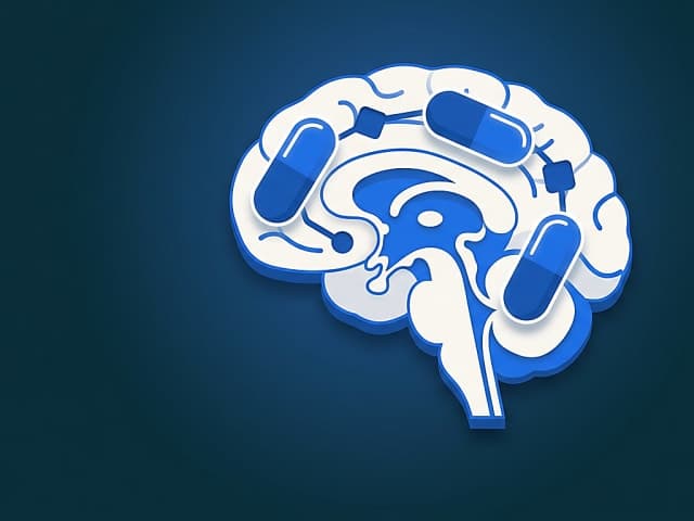 A stylized cross-section of a human brain with three distinct pill-shaped memory hooks anchoring drug facts into place,…