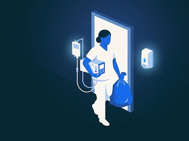 A nurse pausing at an isolation room threshold at night, hands full with an IV pump and trash, a hand-sanitizer dispenser…