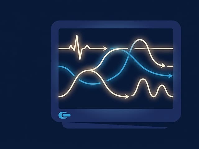 A patient monitor display where four vital-sign values are connected by glowing lines into a single narrative pattern,…