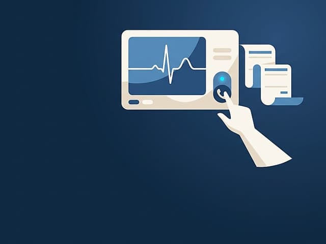 A bedside cardiac monitor showing a peaked-T-wave ECG tracing beside a lab printout reading 'Potassium 6.8', with a nurse's…