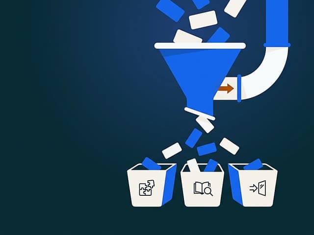 Three labeled sorting bins catching falling word cards mid-air, one bin for word-parts, one for sentence-context, one for…