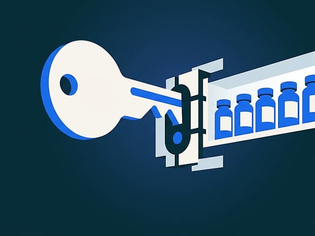 An oversized drug-name suffix rendered as a physical key inserted into a lock, with the lock face opening to reveal rows of…