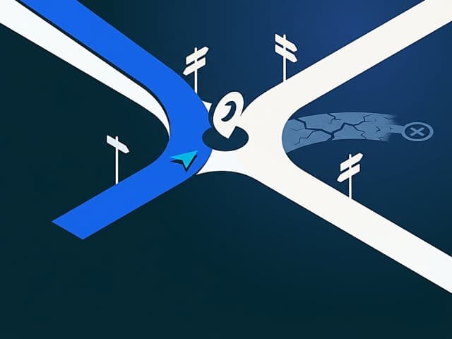 A blood pressure decision crossroads where four road signs branch from a central 2025 marker, one path faded and cracked…