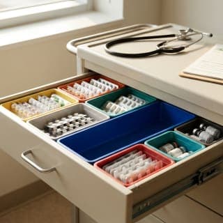 A hospital medication cart drawer opened to reveal neatly separated color-coded trays of medication-class groups, with a…