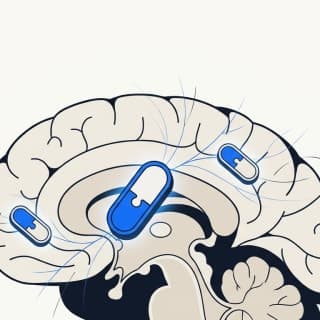 A stylized cross-section of a brain with three glowing pill-shaped tokens nestled and locked into place like puzzle pieces,…