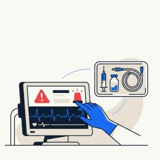 A bedside monitor displaying a potassium of 6.8 mmol/L flagged in red, with a peaked-T-wave ECG strip beside it and a…