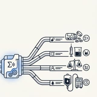 A single equation rail where one input chain branches into four labeled output tracks: tablets, mL doses, weight-based…