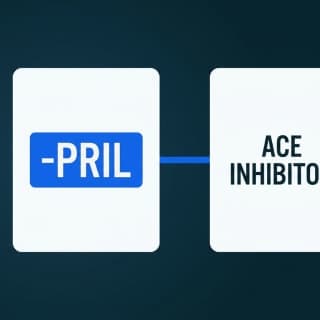 A medication label card with the suffix -PRIL highlighted, linked by a line to a class reference card reading ACE inhibitor
