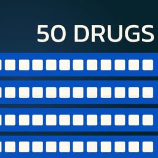 Five stacked horizontal bands each holding a row of small identical tokens, labelled fifty drugs