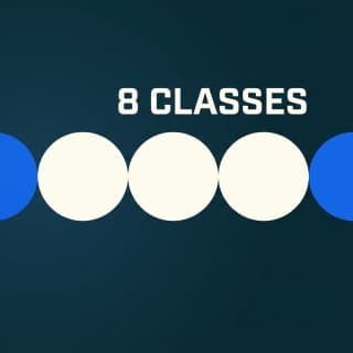 Eight evenly spaced identical circles in a row with three brighter than the rest, labelled eight classes