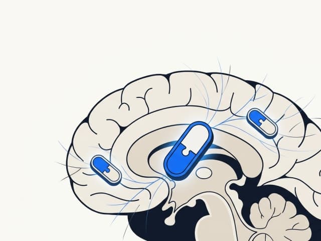 A stylized cross-section of a brain with three glowing pill-shaped tokens nestled and locked into place like puzzle pieces,…
