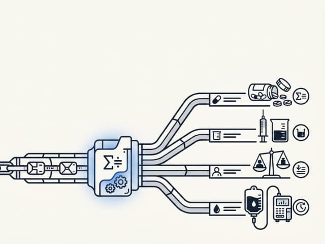 A single equation rail where one input chain branches into four labeled output tracks: tablets, mL doses, weight-based…