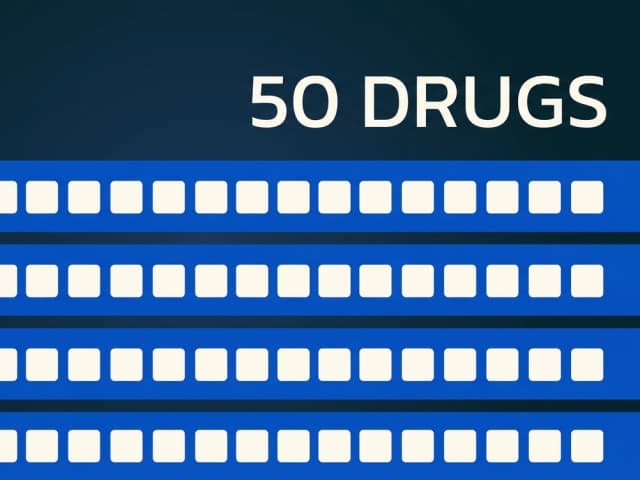 Five stacked horizontal bands each holding a row of small identical tokens, labelled fifty drugs
