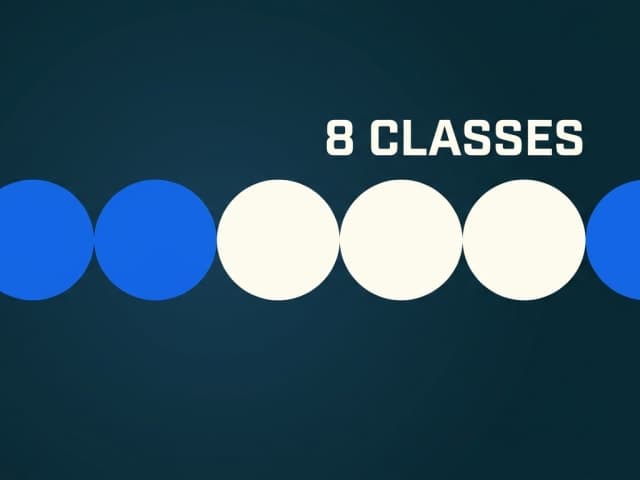 Eight evenly spaced identical circles in a row with three brighter than the rest, labelled eight classes
