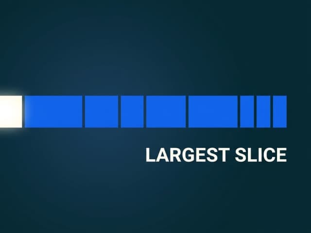 A wide horizontal bar split into eight segments of differing widths with the widest at the left highlighted, labelled largest slice