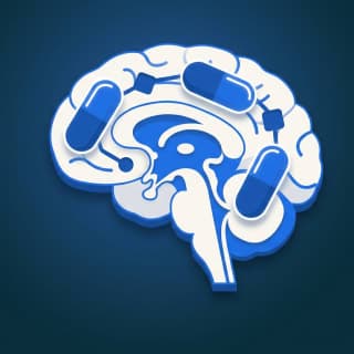 A stylized cross-section of a human brain with three distinct pill-shaped memory hooks anchoring drug facts into place,…