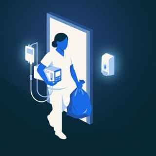 A nurse pausing at an isolation room threshold at night, hands full with an IV pump and trash, a hand-sanitizer dispenser…