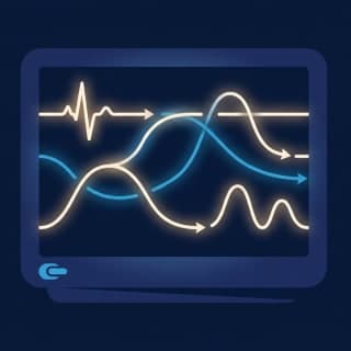 A patient monitor display where four vital-sign values are connected by glowing lines into a single narrative pattern,…