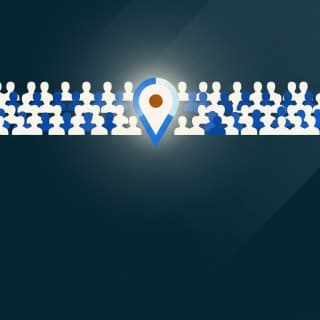 A single glowing marker sitting at the 50th position along a horizontal spread of 99 stacked human silhouettes, half shaded…