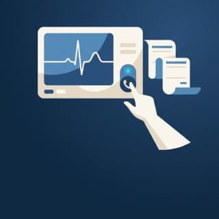 A bedside cardiac monitor showing a peaked-T-wave ECG tracing beside a lab printout reading 'Potassium 6.8', with a nurse's…