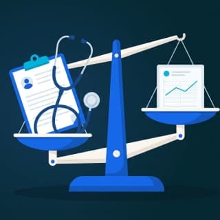 A balance scale weighing a stethoscope and history-intake clipboard against a treatment-monitoring chart, with the…