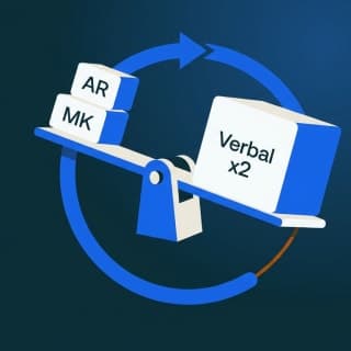 A weighted balance scale where a block labeled 'Verbal x2' outweighs two smaller blocks 'AR' and 'MK', with a looping arrow…