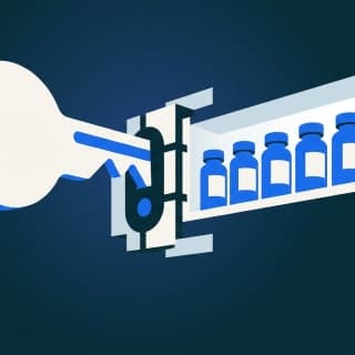 An oversized drug-name suffix rendered as a physical key inserted into a lock, with the lock face opening to reveal rows of…