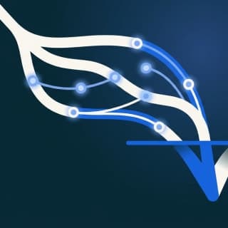A stylized adaptive testing engine visualized as a branching decision network converging on a passing threshold line, with…